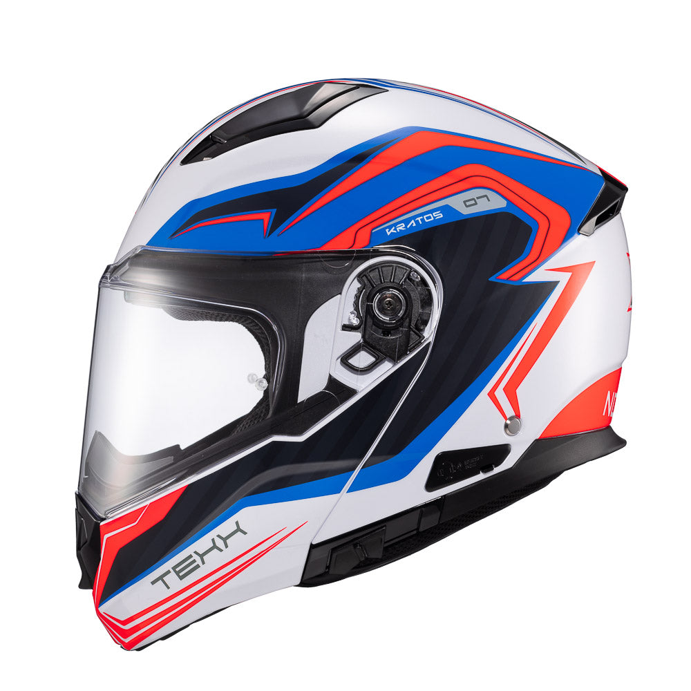 Capacete Texx Escamoteável Kratos Nomade Branco Azul Vermelho Brilhante