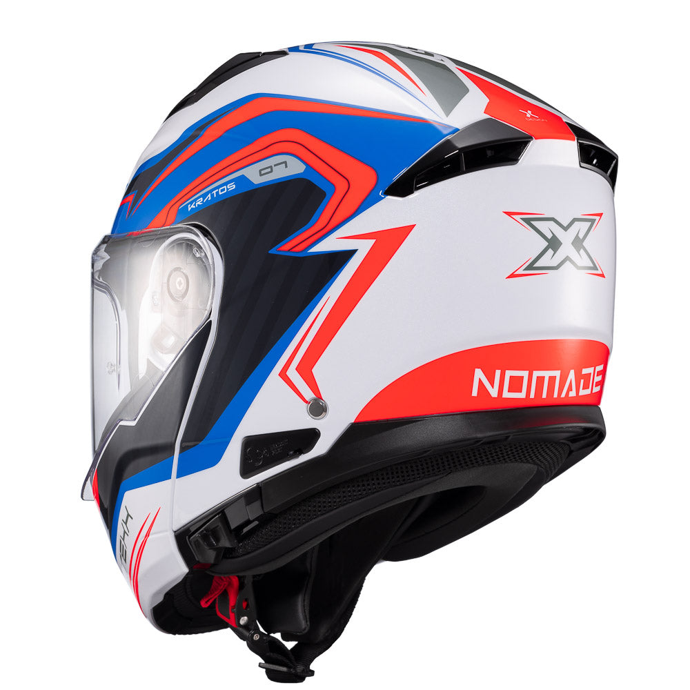 Capacete Texx Escamoteável Kratos Nomade Branco Azul Vermelho Brilhante