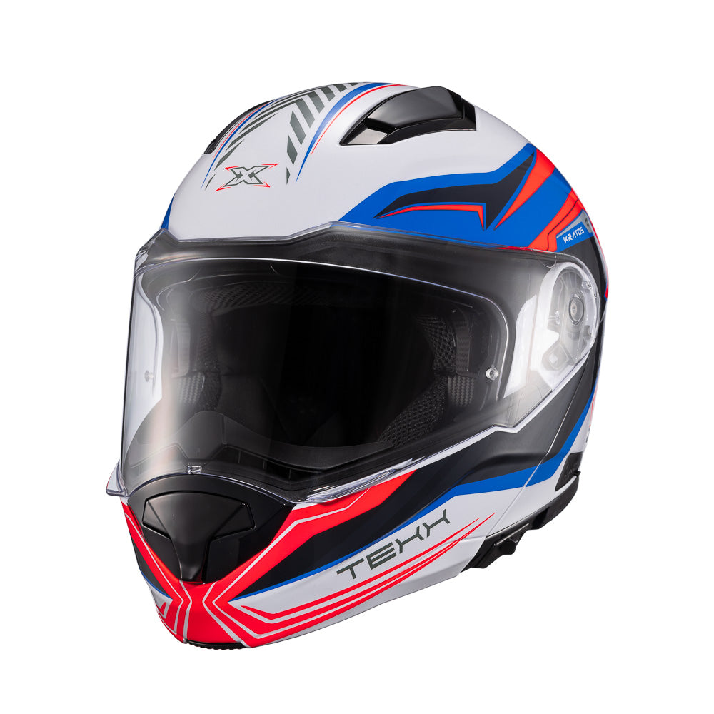 Capacete Texx Escamoteável Kratos Nomade Branco Azul Vermelho Brilhante