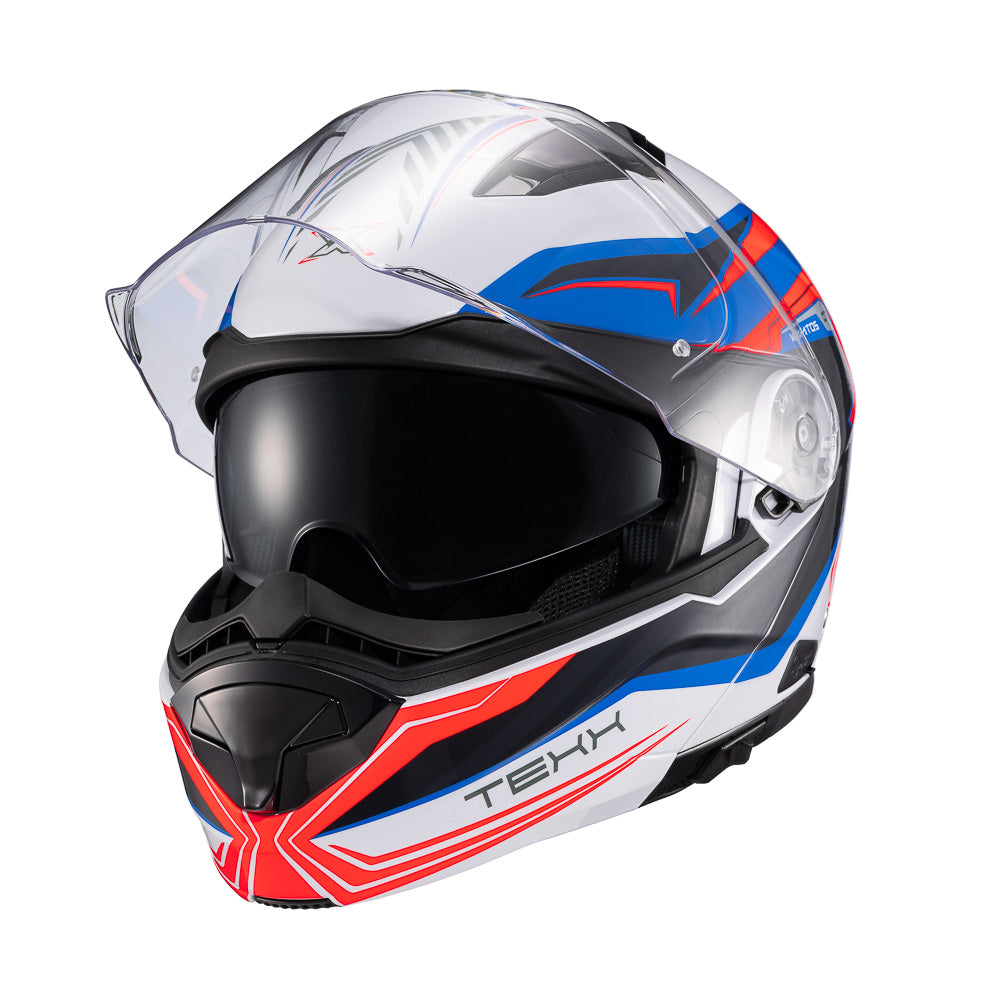 Capacete Texx Escamoteável Kratos Nomade Branco Azul Vermelho Brilhante