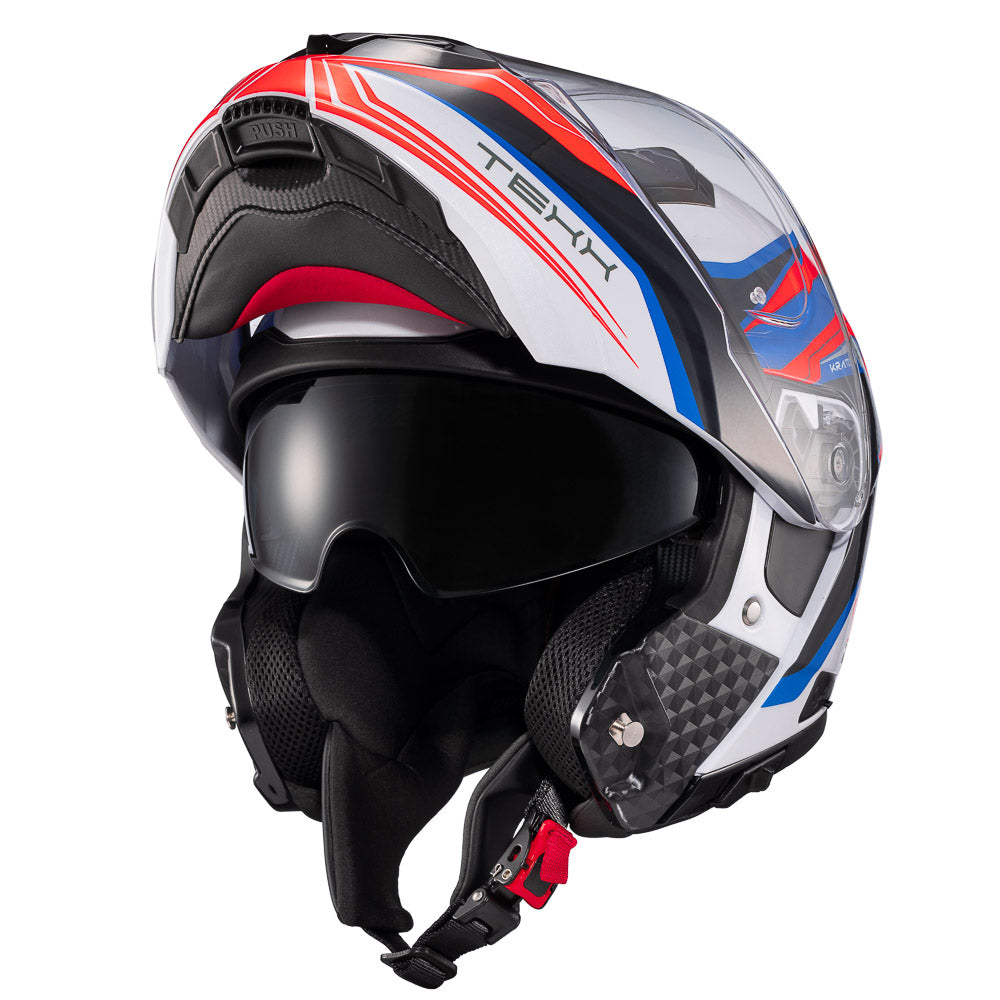 Capacete Texx Escamoteável Kratos Nomade Branco Azul Vermelho Brilhante