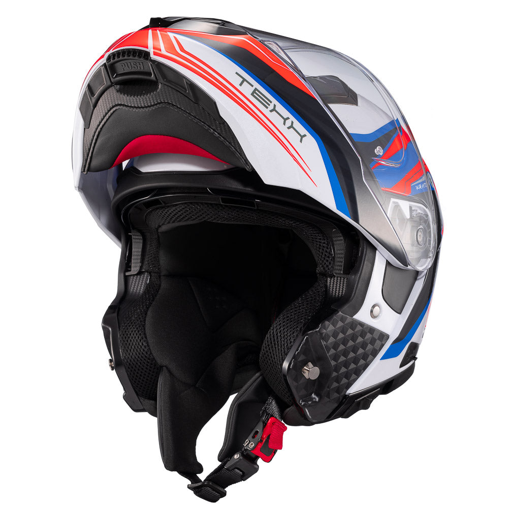 Capacete Texx Escamoteável Kratos Nomade Branco Azul Vermelho Brilhante