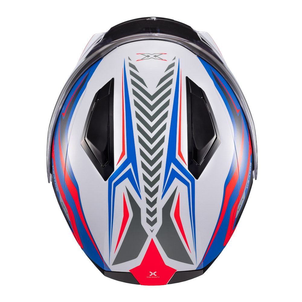 Capacete Texx Escamoteável Kratos Nomade Branco Azul Vermelho Brilhante
